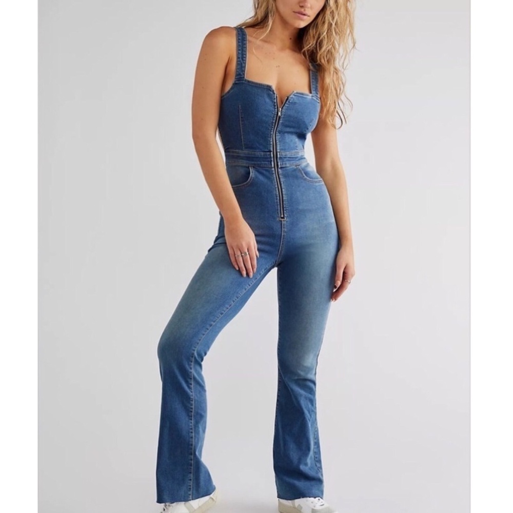 NEW Free People Curvy 2nd Ave Flare Denim Jumpsuit